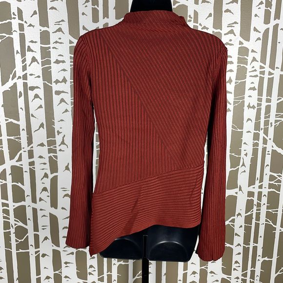 Topshop Terracotta Ribbed Knit Funnel Neck Asymmetrical Split Hem Split Bell Sle - Picture 2 of 6